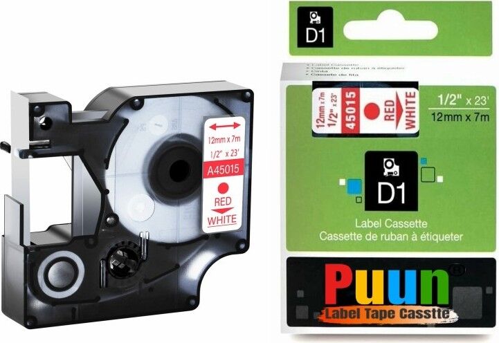 Dymo Labelmanager Serisi Elektronik Etiketleme Makinesi D1 45015 S0720550 12MM x 7 Mt. Muadil Beyaz Etikete Kırmızı Yazı Şerit Etiket Kaseti