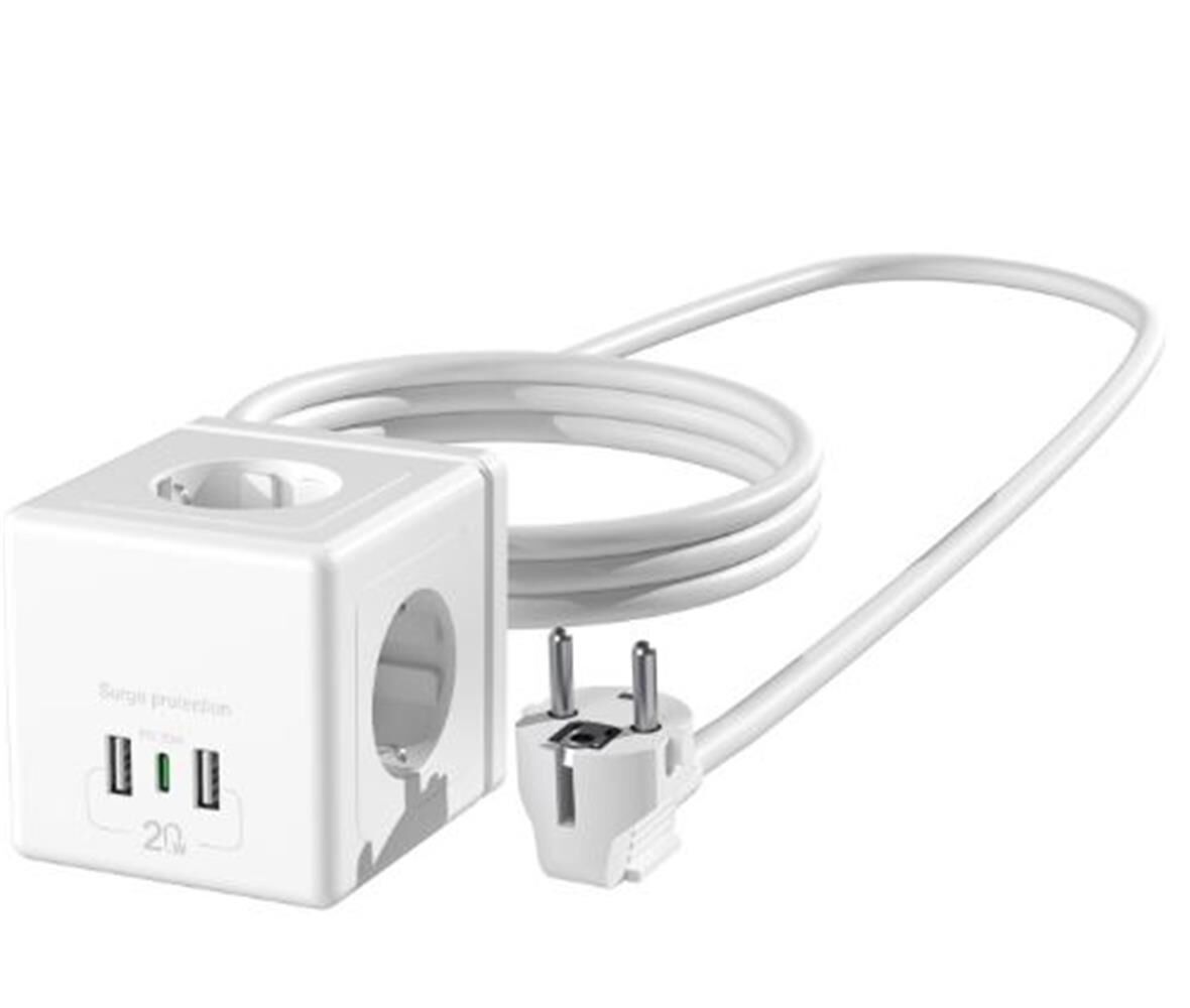 S-link PRZ04 4 Soketli 2 USB 1 Type-C PD20 2M 306 Joule Tam Bakır Küp Beyaz Akım Korumalı Priz